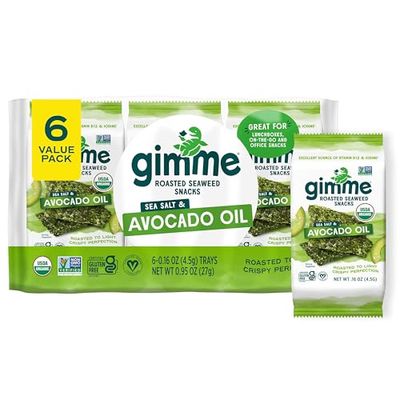 Gimme Seaweed - Sea Salt &amp; Avocado Oil - 6 Count - Organic Roasted Seaweed Sheets - Keto, Vegan, Gluten Free - Great Source of Iodine &amp; Omega 3s - Healthy On-The-Go Snack for Kids &amp; Adults