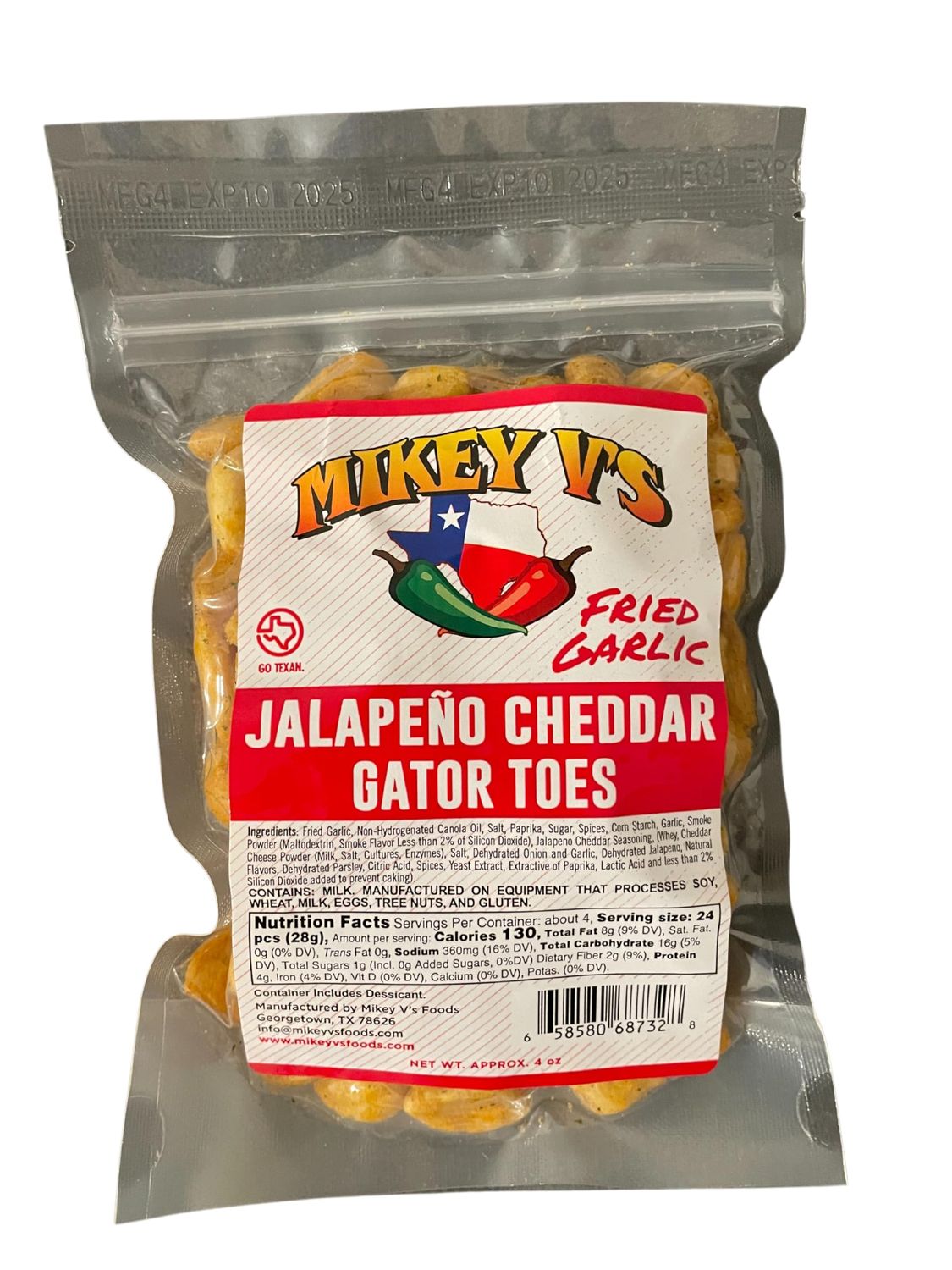 Mikey V&#39;s Jalapeno Cheddar Gator Toes, Deep Fried Garlic Snacks, 4oz.