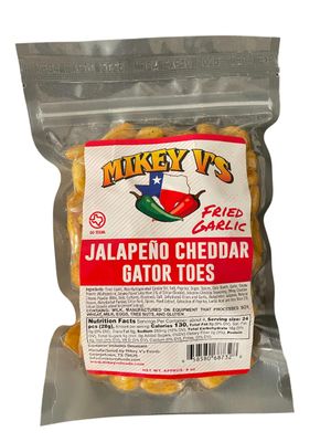 Mikey V&#39;s Jalapeno Cheddar Gator Toes, Deep Fried Garlic Snacks, 4oz.