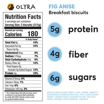 Olyra Organic Breakfast Biscuits Fig Anise | Healthy Snacks, Low Sugar, High Fiber, Plant Based Protein Cookies (1 Box of 4 Packs)