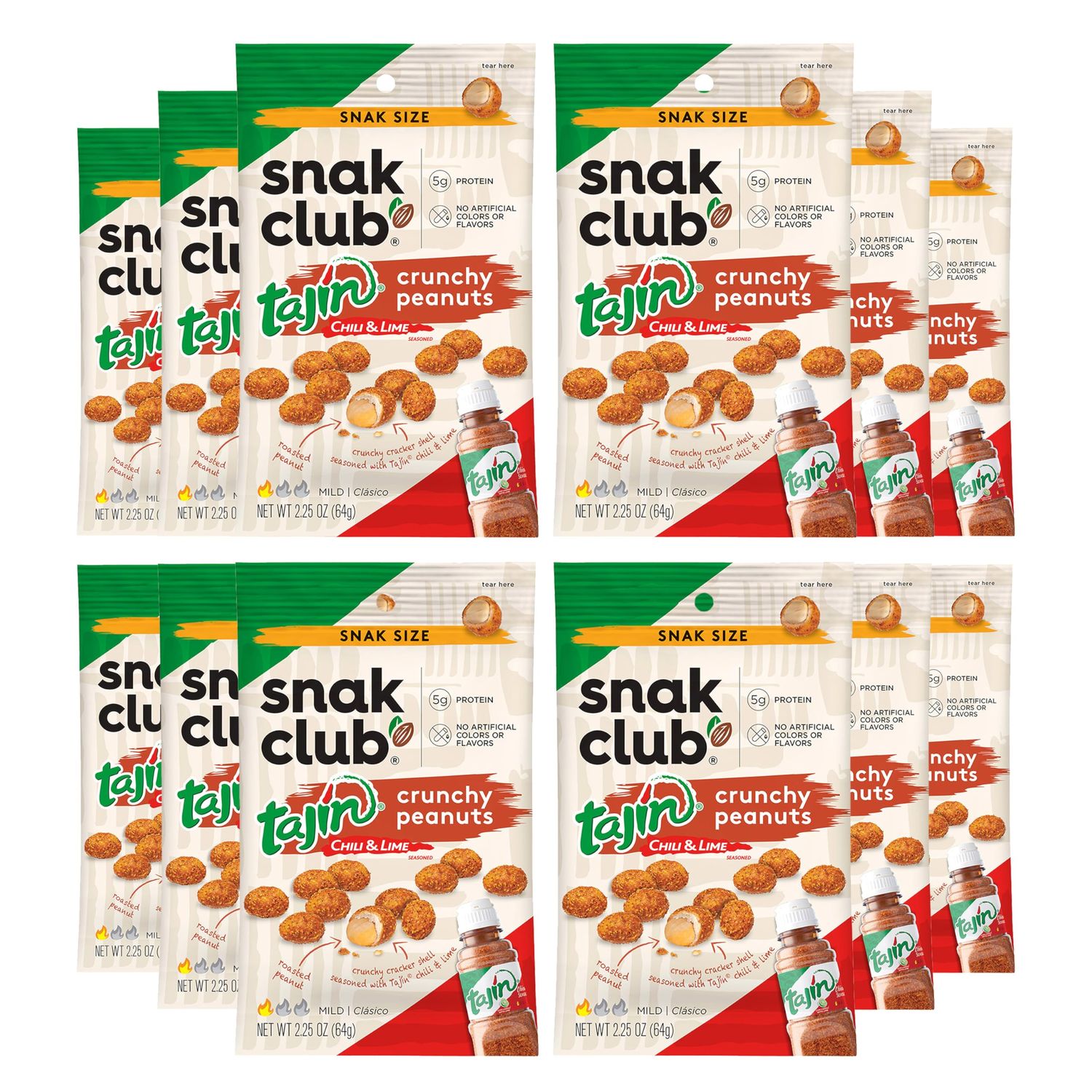 Snak Club Tajin Crunchy Peanuts, Nuts with Chili and Lime Seasoning, Mild, No Artificial Colors or Flavors, 2.25 oz Snack Bags, 12 Pack