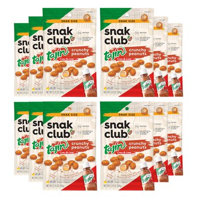 Snak Club Tajin Crunchy Peanuts, Nuts with Chili and Lime Seasoning, Mild, No Artificial Colors or Flavors, 2.25 oz Snack Bags, 12 Pack
