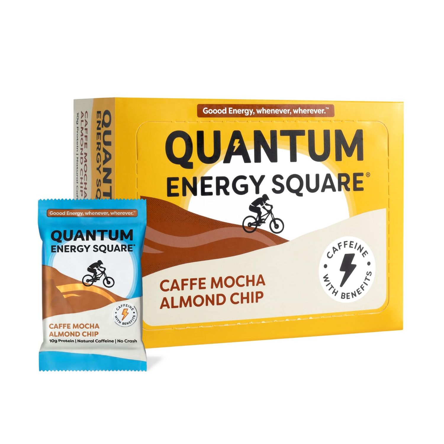 Quantum Energy Square: Energy Bar with Caffeine &amp; 10g Protein. Delicious Healthy Snack On The Go. (Vegan, Gluten-free, Soy-free, Dairy-free). Flavor: Caffe Mocha Almond Chip 8Pk