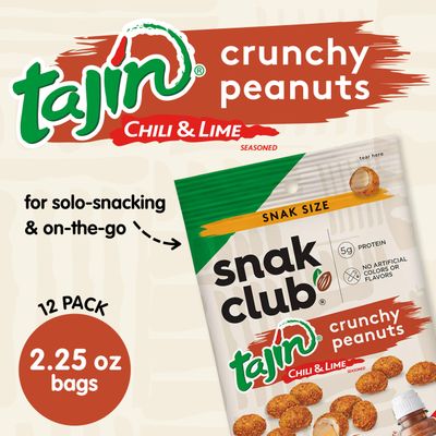 Snak Club Tajin Crunchy Peanuts, Nuts with Chili and Lime Seasoning, Mild, No Artificial Colors or Flavors, 2.25 oz Snack Bags, 12 Pack