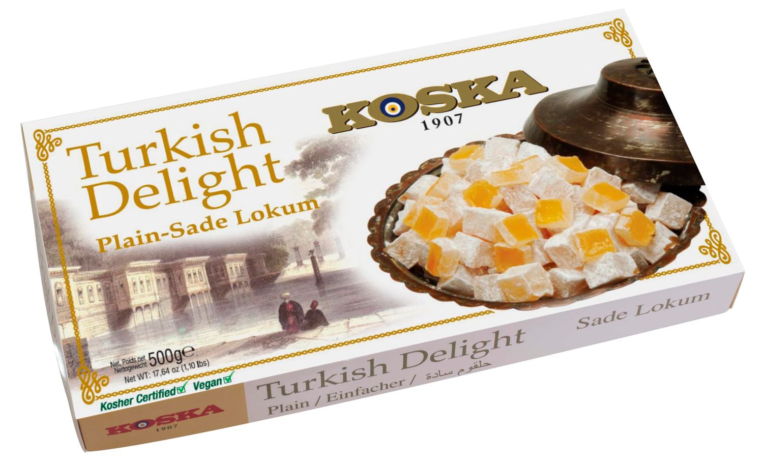 Koska Plain Turkish Delight | Plain Lokum 17.64 oz 1.10 Ibs 500 gr Lokum | Vegan, Kosher and Halal Certified | Traditional Giftable Snacks