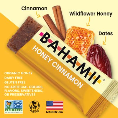 Bahamii - Almond &amp; Date Bars (Honey Cinnamon) - Healthy Snack Bars with Dates - Non-GMO, Gluten-Free, Dairy-Free, Kosher, and No Sugar Added Fruit and Nut Bars - Simple Ingredient Snack (12-Pack)