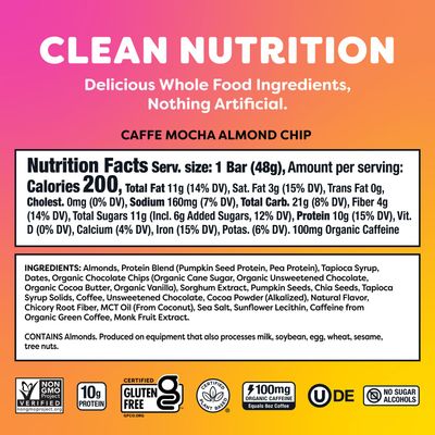 Quantum Energy Square: Energy Bar with Caffeine & 10g Protein. Delicious Healthy Snack On The Go. (Vegan, Gluten-free, Soy-free, Dairy-free). Flavor: Caffe Mocha Almond Chip 8Pk