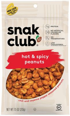 Snak Club Hot &amp; Spicy Peanuts with Chili &amp; Cayenne Pepper Seasoning, Protein Snacks, No Artificial Colors or Flavors, Low Cholesterol Gluten Free Snacks, Resealable Bag, 7.5 oz (Pack of 1)