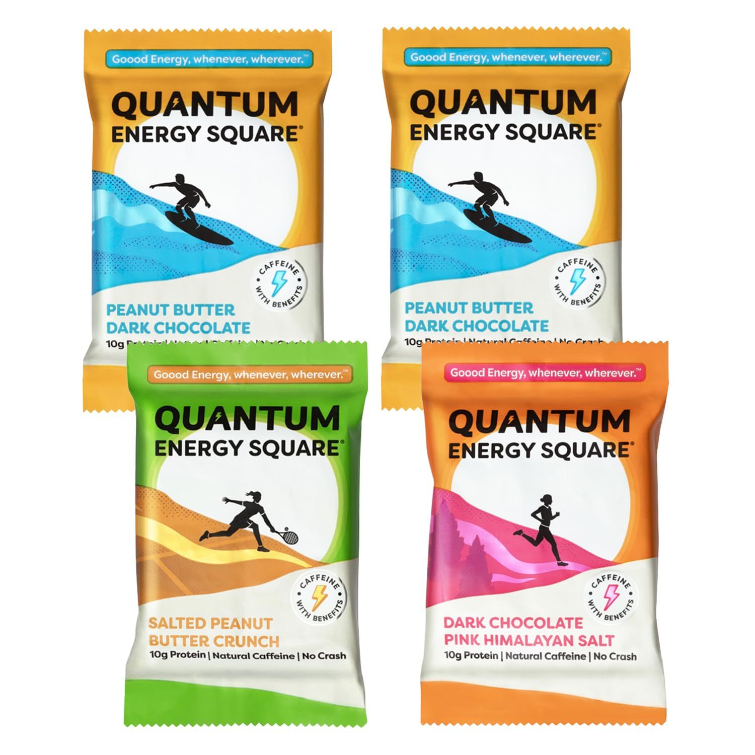 Quantum Energy Square: Energy Bar with Caffeine &amp; 10g Protein. Delicious Healthy Snack On The Go. (Vegan, Gluten-free, Soy-free, Dairy-free). Flavor: Variety 4-Pack