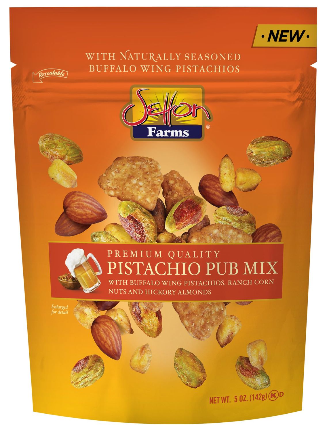 Setton Farms Pistachio Pub Mix 5 Oz. Bag. With Buffalo Wing Pistachios, Ranch Corn Nuts, Honey Roasted Sesame Chips and Hickory Almonds.