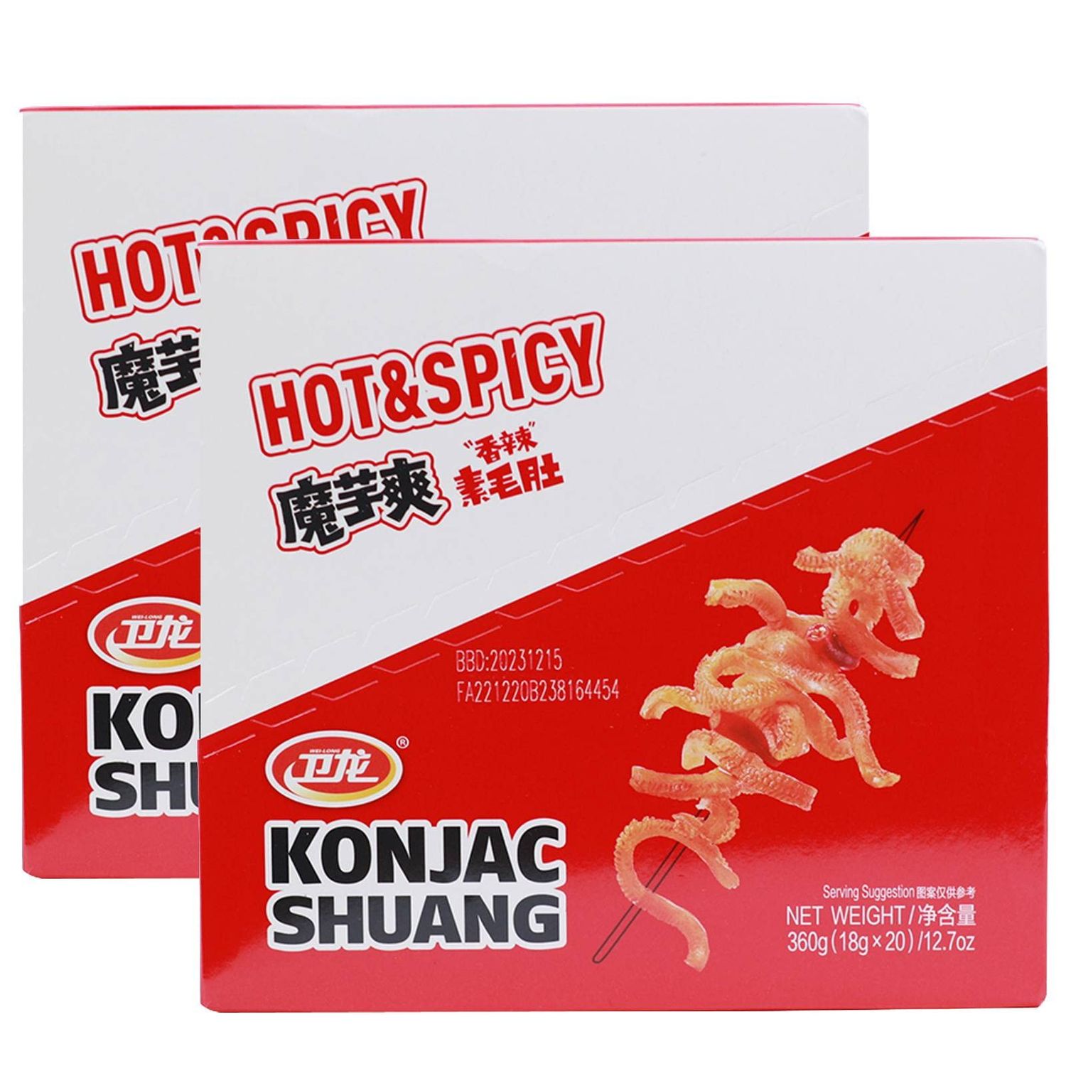 WeiLong Konjac Snack, Spicy Hot Strips, Spicy Snacks Latiao La tiao, Chinese Snacks Moyushuang, Spicy Flavor, (), 18g20 Bags, Pack of 2