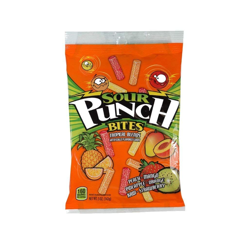 Sour Punch Bites, Tropical Blends, 5oz Bag (12 Pack), Peach, Mango, Pineapple, Orange Kiwi &amp; Strawberry Soft, Chewy Candy