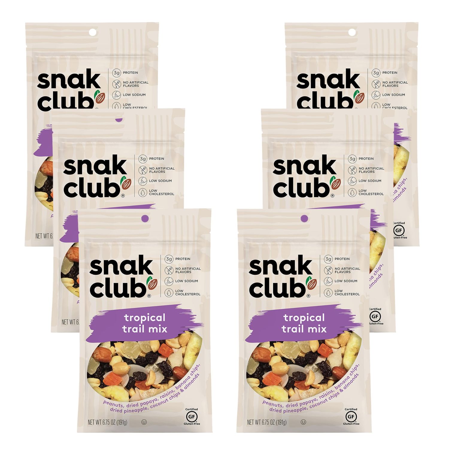 Snak Club Tropical Trail Mix with Peanuts, Dried Papaya, Raisins, Banana Chips, Dried Pineapple, Coconut Chips, and Almonds, Gluten-Free and Kosher Snack, 6.75 oz Resealable Bags, 6 Pack
