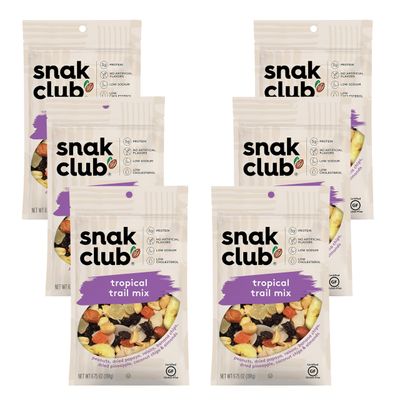 Snak Club Tropical Trail Mix with Peanuts, Dried Papaya, Raisins, Banana Chips, Dried Pineapple, Coconut Chips, and Almonds, Gluten-Free and Kosher Snack, 6.75 oz Resealable Bags, 6 Pack