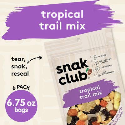 Snak Club Tropical Trail Mix with Peanuts, Dried Papaya, Raisins, Banana Chips, Dried Pineapple, Coconut Chips, and Almonds, Gluten-Free and Kosher Snack, 6.75 oz Resealable Bags, 6 Pack
