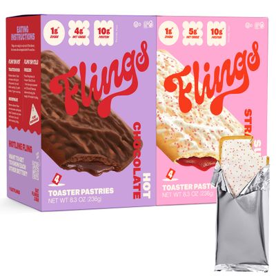 FLINGS Toaster Pastries - Strawberry and Chocolate | High Protein, No Sugar Added, Low Carb, Gluten Free, Keto Friendly | 2 Pack (8 Total Pastries) | High Protein Keto Breakfast Snack