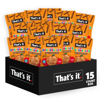 Thats it. Fruit Crunchables Apple  Cinnamon Crisps, 15-Pack - 100% Plant-Based Fruit Snacks for Kids, Non-GMO, Gluten-Free, No Added Sugar, Allergen-Free, Healthy Lunchbox Snack for Kids &amp; Adults