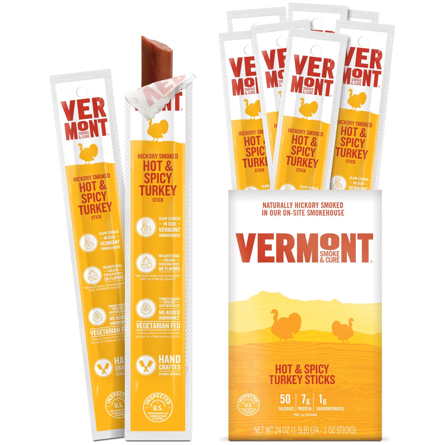 Vermont Smoke &amp; Cure Meat Sticks - Hot &amp; Spicy Turkey - Protein Snacks, No Antibiotics or Added Hormones, Hiking Snacks- 1 oz, 24-Pack