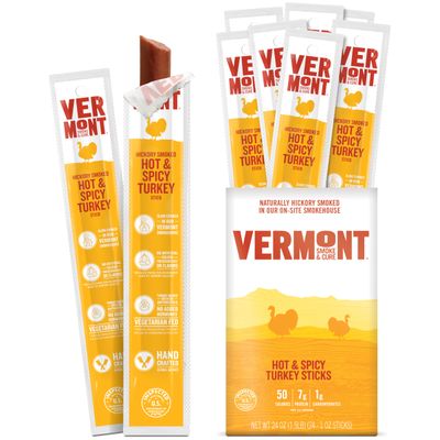 Vermont Smoke &amp; Cure Meat Sticks - Hot &amp; Spicy Turkey - Protein Snacks, No Antibiotics or Added Hormones, Hiking Snacks- 1 oz, 24-Pack