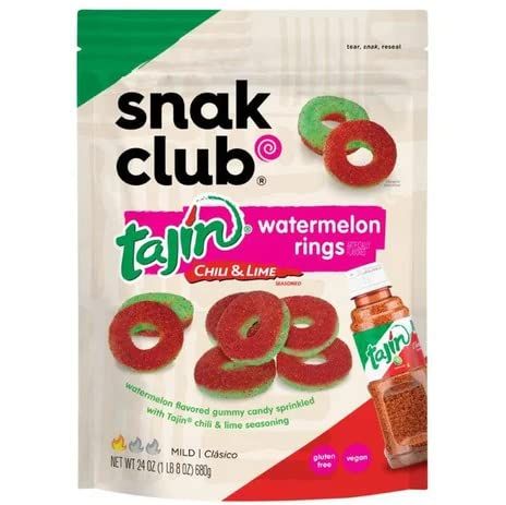 Snak Club Tajin Watermelon Rings Chili &amp; Lime Seasoned Gummy Candy Snack, Jumbo Pack 24oz (680g), Mild  Clasico, Vegan &amp; Gluten Free Gummies