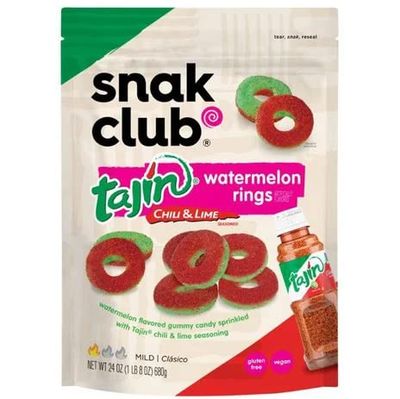 Snak Club Tajin Watermelon Rings Chili &amp; Lime Seasoned Gummy Candy Snack, Jumbo Pack 24oz (680g), Mild  Clasico, Vegan &amp; Gluten Free Gummies