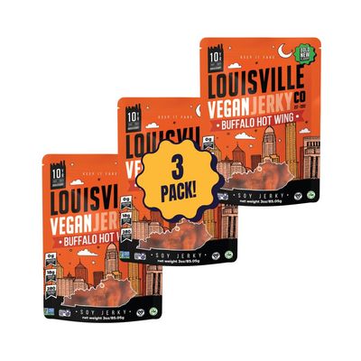 Louisville Vegan Jerky - Buffalo Hot Wing Vegan and Vegetarian Meat - Lip-Smacking Jerky - Gluten-Free High Protein Vegan Snacks 18 grams of Non-GMO Soy Protein - 3 oz, 3 Pack