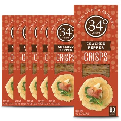 34 Degrees Cracked Pepper Crisps | Light &amp; Crunchy Thin Crackers for Charcuterie, Cheese Boards &amp; Entertaining, 6 Pack (4.5oz each)