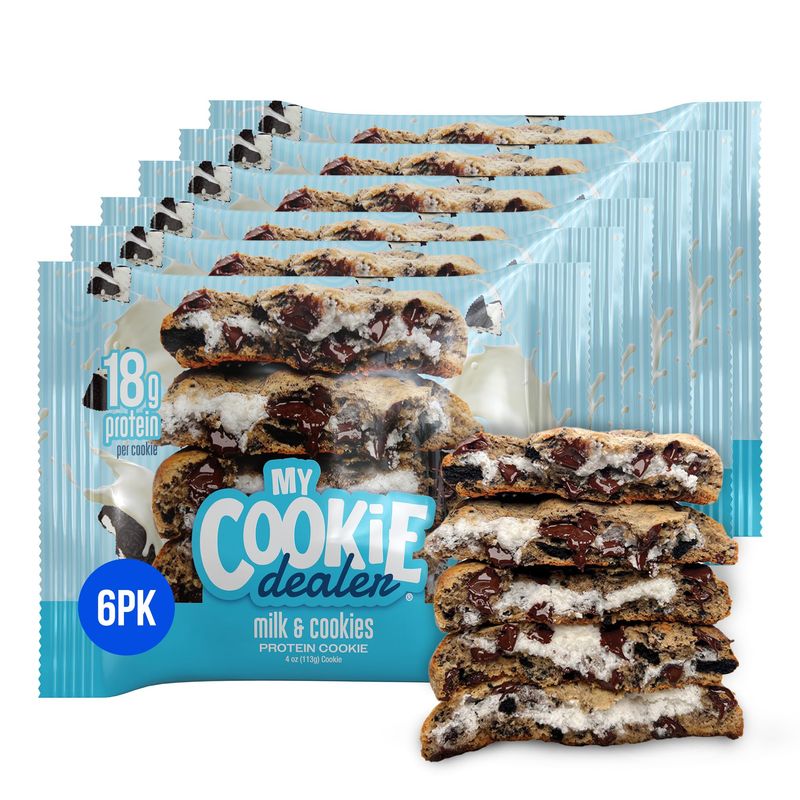 My Cookie Dealer Protein Cookies, Milk and Cookies (6-Pack, 4oz Cookie) - 18g Protein per Cookie (Made with RAW Nutrition Protein) - Individually Wrapped Travel Snacks