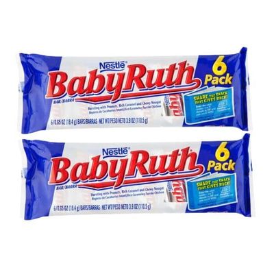 (2 pack) Baby Ruth Fun Size, 6 Pack Bar, Dry Roasted Peanuts, Rich Caramel, and Smooth Nougat 3.9 oz