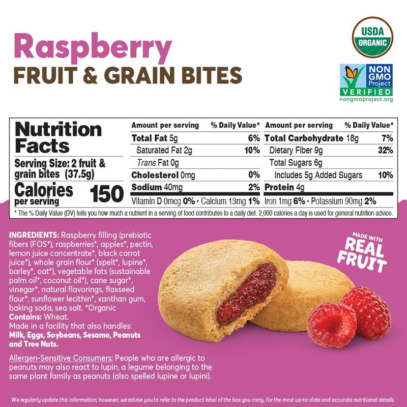 Olyra Raspberry Organic Fruit Bars, Prebiotic High Fiber Snack, Gut Health, Fruit Filled &amp; Whole Grain Bites, Kids Healthy Snacks, Low Sugar, Vegan, USDA Certified Organic, Non GMO 12 Packs