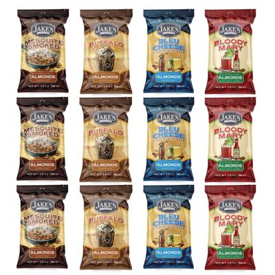 Jakes Nut Roasters Almond Snack Pack, 1.5 oz, Bleu Cheese, Bloody Mary, Buffalo, and Mesquite Smoked Flavored Almonds (Pack of 12)