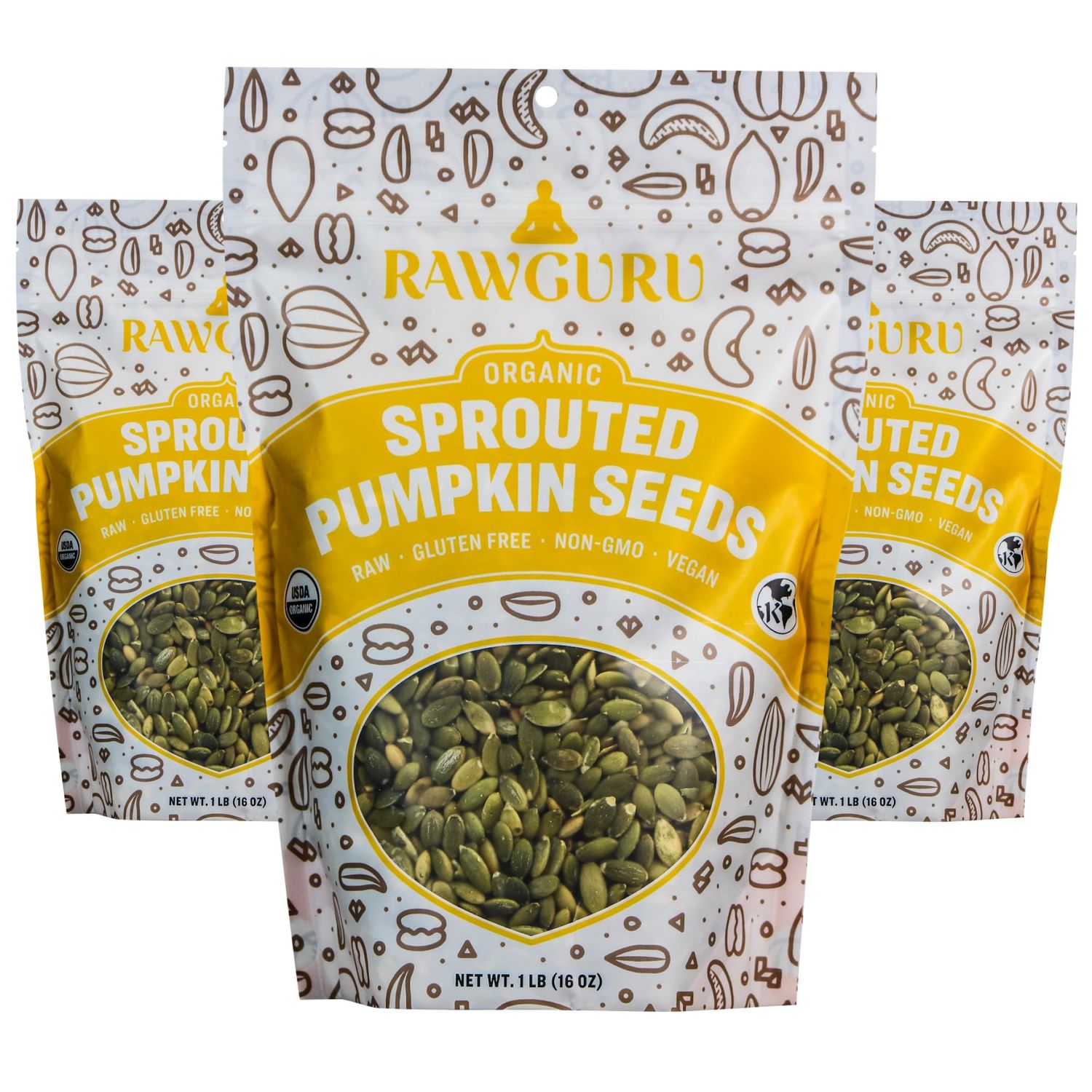 RawGuru Unsalted Pumpkin Seeds, Sprouted &amp; Organic, Raw | Keto | Vegan | Kosher | Paleo | Gluten Free Snacks | Superfood, 16 oz. Pack of 3