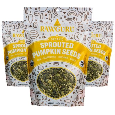 RawGuru Unsalted Pumpkin Seeds, Sprouted &amp; Organic, Raw | Keto | Vegan | Kosher | Paleo | Gluten Free Snacks | Superfood, 16 oz. Pack of 3