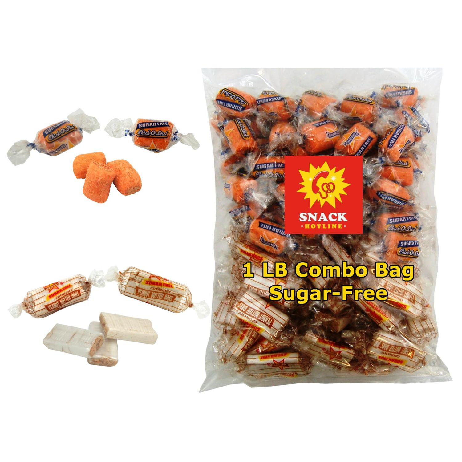 1 Lb Bag of Sugar-Free Chick O Stix Nuggets and Peanut Butter Bars - 5050 of Each Crunchy Candy - Bulk Individually Wrapped-Fresh-Crispy