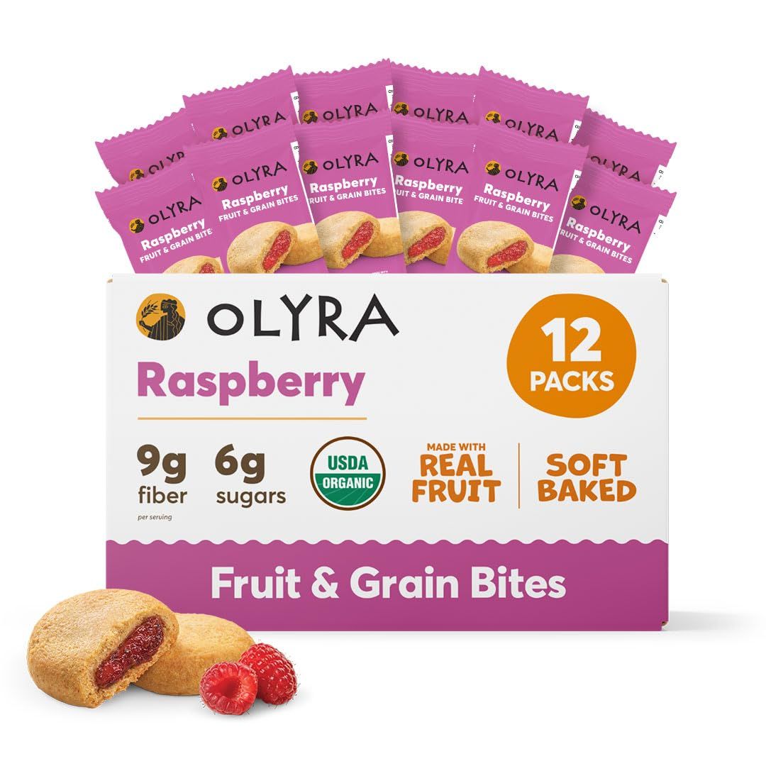 Olyra Raspberry Organic Fruit Bars, Prebiotic High Fiber Snack, Gut Health, Fruit Filled &amp; Whole Grain Bites, Kids Healthy Snacks, Low Sugar, Vegan, USDA Certified Organic, Non GMO 12 Packs