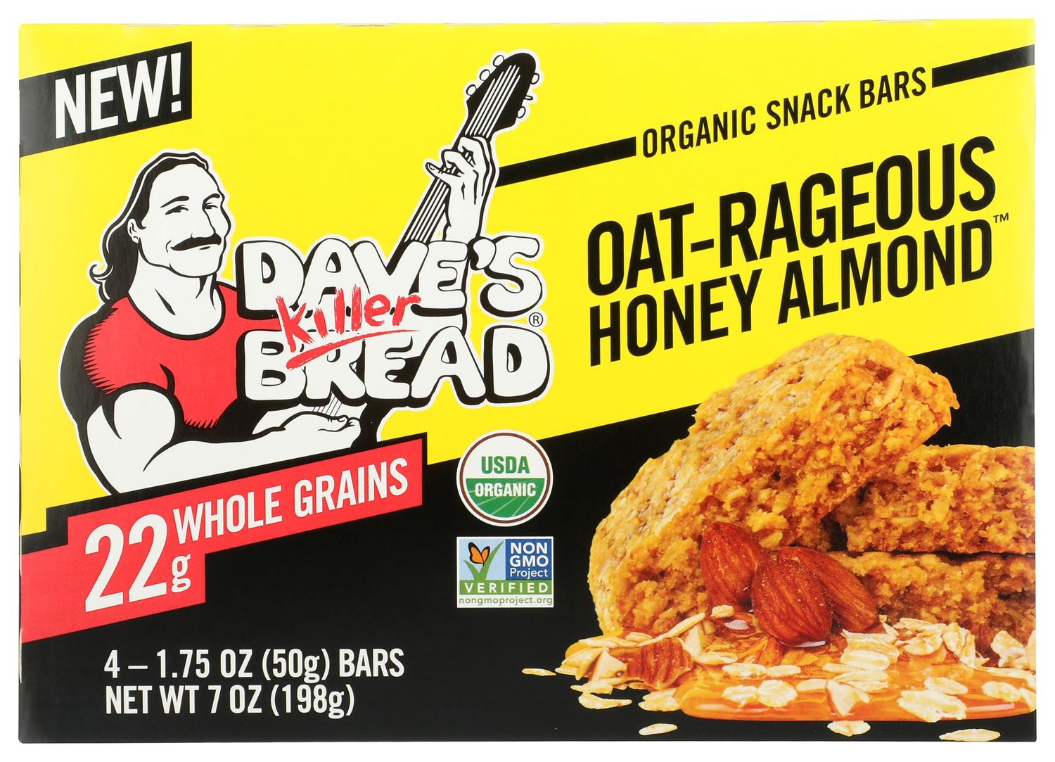 Dave&#39;s Killer Bread Organic Snack Bar, Oat-Rageous Honey Almond, 22g Whole Grains, No Artificial Ingredients or Preservatives, Kosher, USDA Certified Organic, Non-GMO, 4 Count, 7 Ounce (Pack of 6)