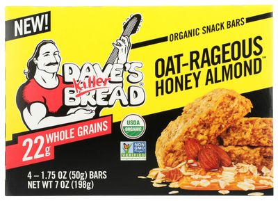 Dave&#39;s Killer Bread Organic Snack Bar, Oat-Rageous Honey Almond, 22g Whole Grains, No Artificial Ingredients or Preservatives, Kosher, USDA Certified Organic, Non-GMO, 4 Count, 7 Ounce (Pack of 6)