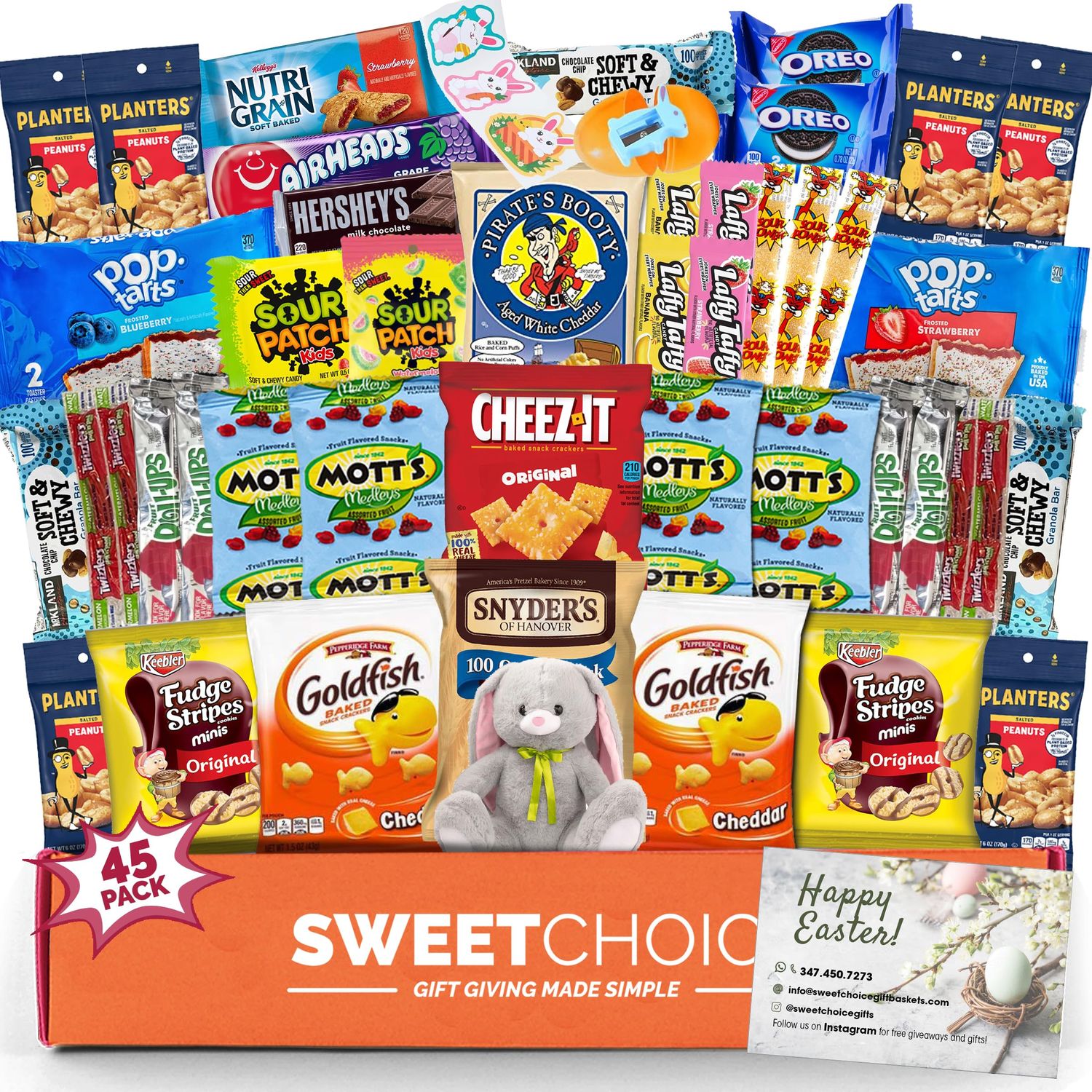 Easter Care Package (45ct) - Candy Snacks Treats Plush Bunny Cookies Gift Box Bundle Basket Fillers Stuffers Present Kids Adults Boys Girls College Student Child Grandchildren Toddlers
