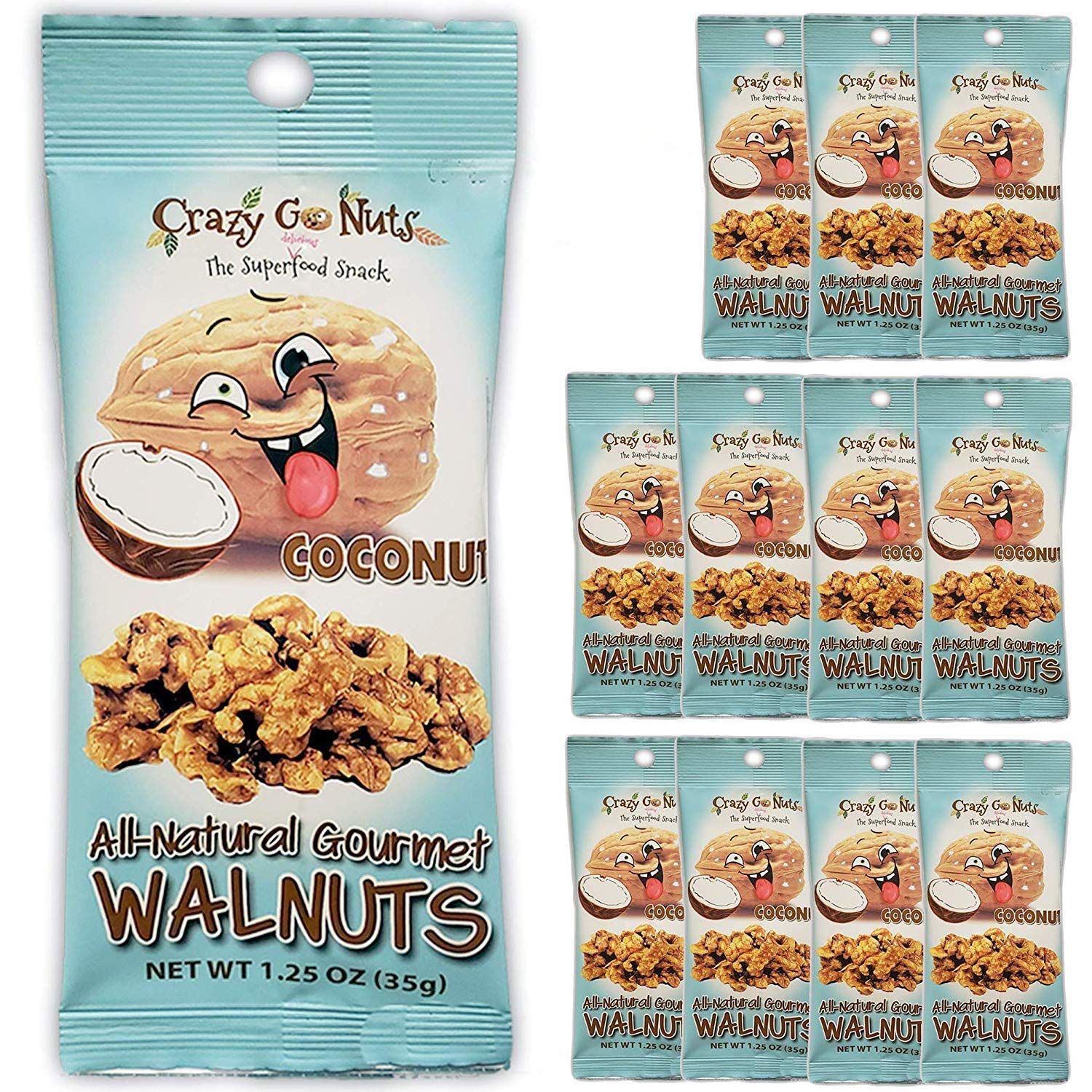 Crazy Go Nuts Walnuts - Coconut, 1.25 oz (12-Pack) - Healthy Snacks, Vegan, Gluten Free, Superfood - Natural, Non-GMO, ALA, Omega 3 Fatty Acids, Good Fats, and Antioxidants