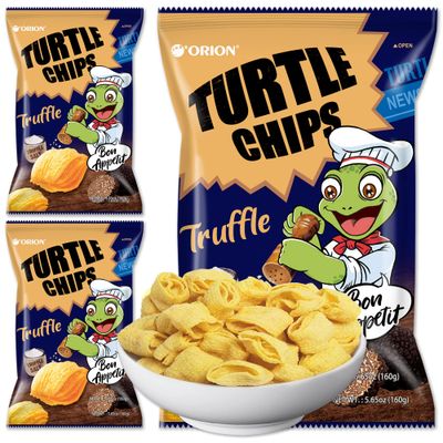 K-Munchies Orion Turtle Chips - Large 3 x 160-gram Truffle Flavor Korean Big Bag, Party Size Tasty, Crispy Corn Snacks - Bite-Sized, On-The-Go Snack for Family, 160.0 grams