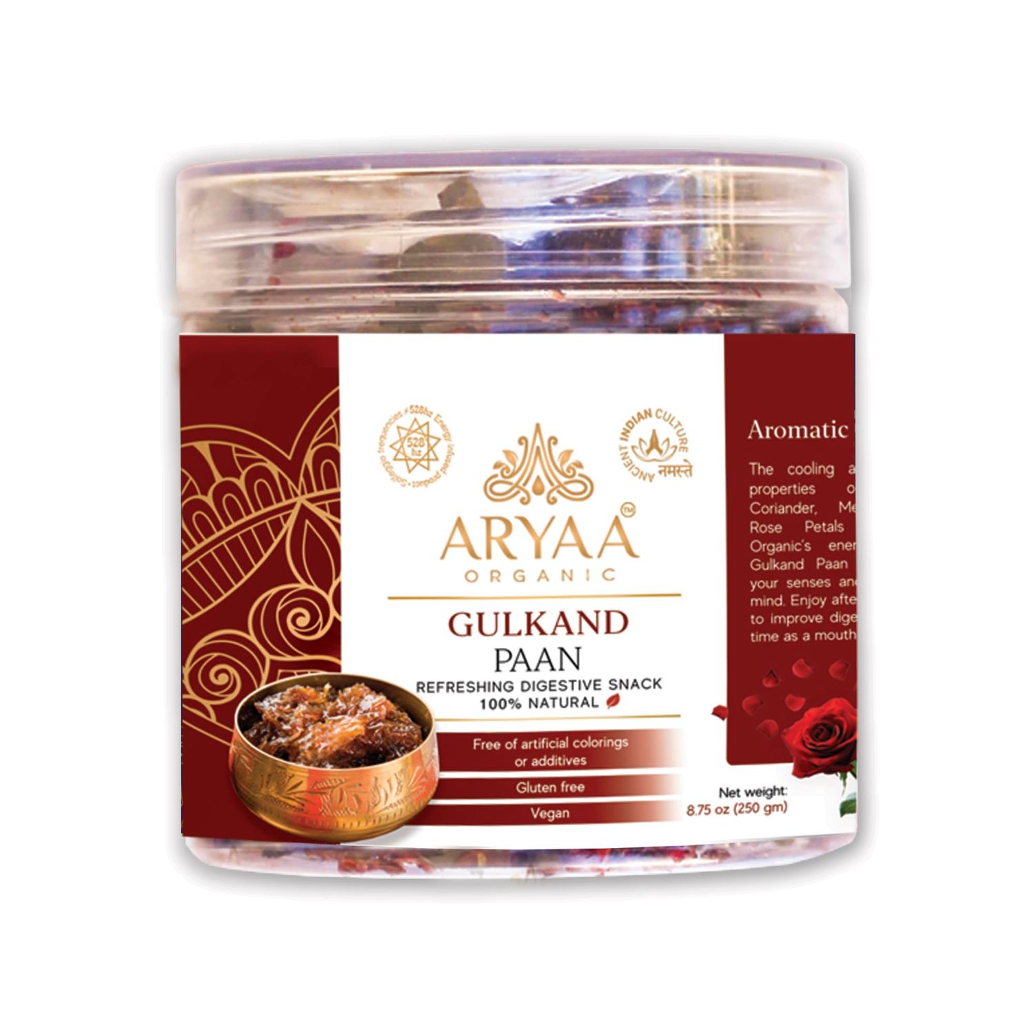 Aryaa Organic Gulkand Paan 8.75oz (250g)| Herbal Tea &amp; Digestive Snack | 100% Natural, Vegan, Gluten-Friendly | Sound-Infused, Non-GMO | Authentic Indian Delight | Perfect for Sipping or Snacking