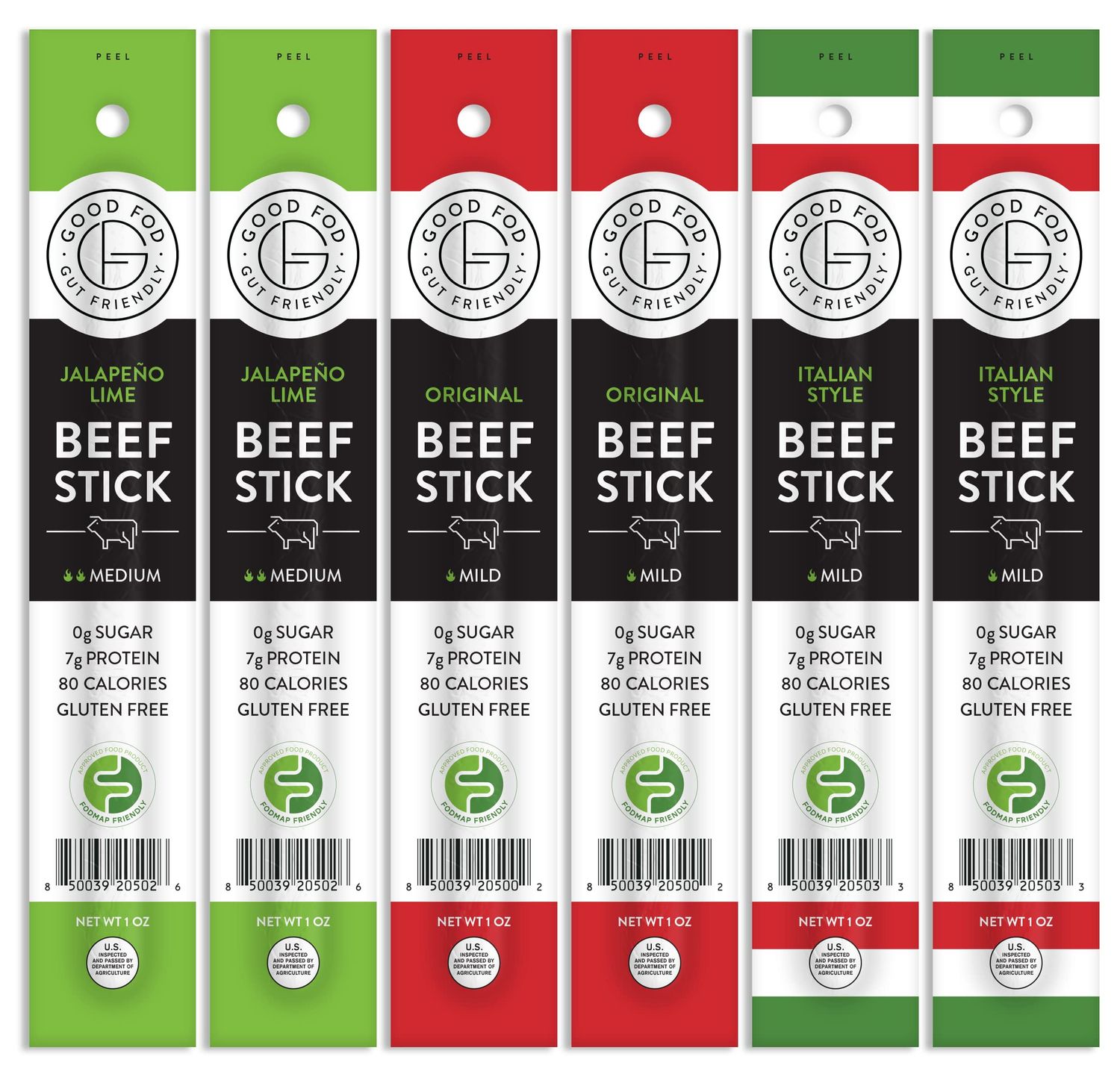 Good Fod Foods Meat Stick Variety Pack - Low FODMAP Snacks for a Healthy Gut, Zero Sugar Jerky Sticks, Keto Friendly, Gluten-Free Beef Sticks 1 Ounce (6 Pack)
