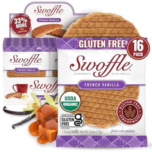 Gluten Free Organic Stroopwafels by Swoffle - French Vanilla | (16) 1.16oz Wafers | non-GMO, Wheat Free, Kosher, Soy Free, Nut Free and All Natural