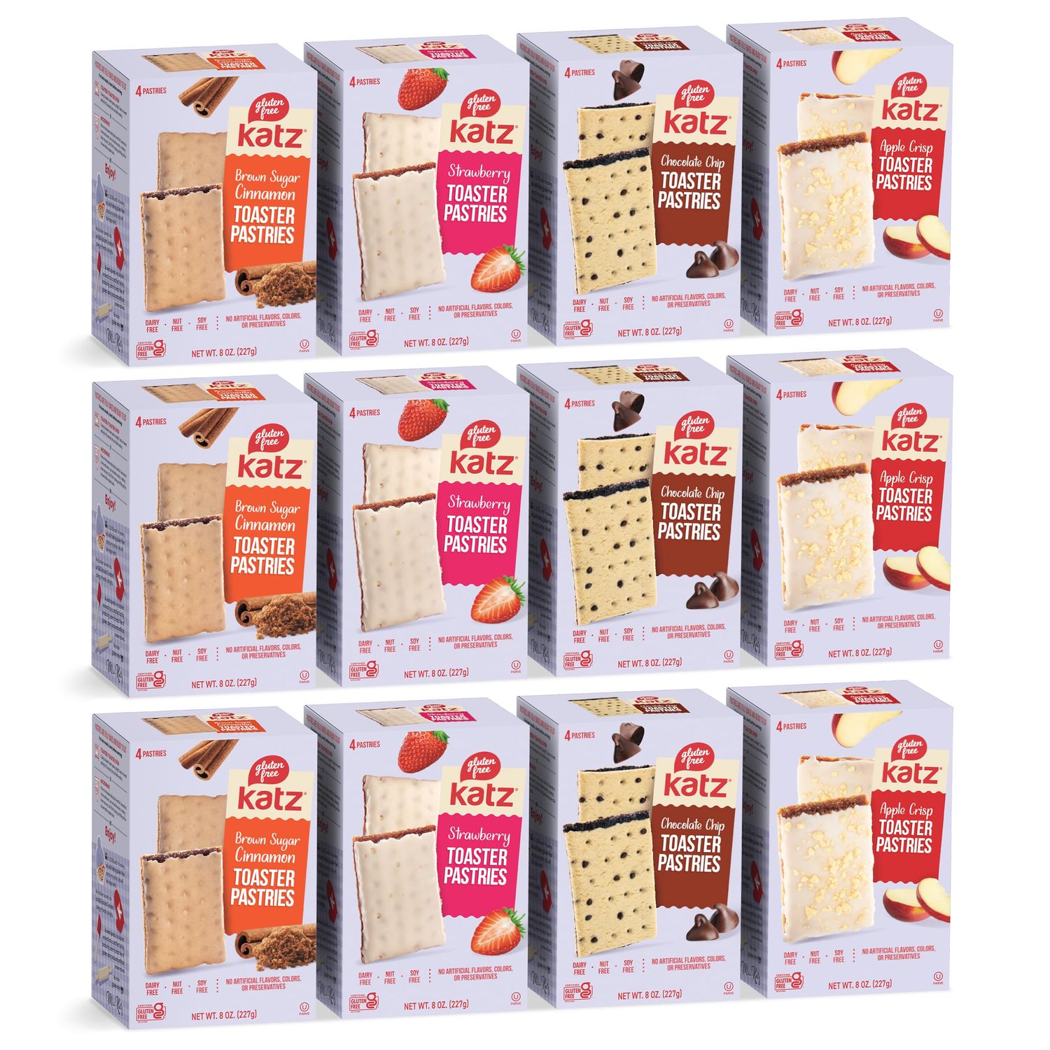 Katz Gluten Free Snacks Toaster Pastries Variety Pack Apple Crisp, Cinnamon, Chocolate Chip &amp; Strawberry. Gluten Free. Dairy Free, Nut Free, Peanut Free, Soy Free. 8 OZ. (Pack Of 12-3 of each flavor)