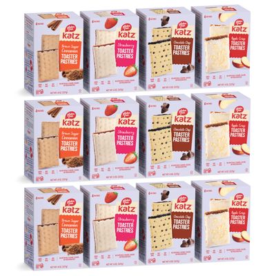 Katz Gluten Free Snacks Toaster Pastries Variety Pack Apple Crisp, Cinnamon, Chocolate Chip &amp; Strawberry. Gluten Free. Dairy Free, Nut Free, Peanut Free, Soy Free. 8 OZ. (Pack Of 12-3 of each flavor)