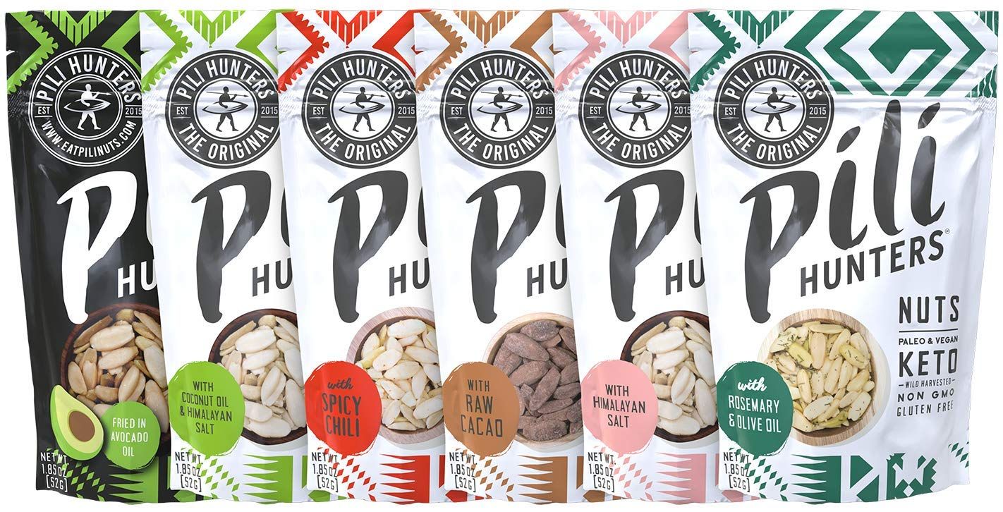 Pili Hunters - Wild Sprouted Pili Nuts (1.85oz Bags, 6-Pack) Variety Pack (Avocado Oil, Coconut Oil, Spicy Chili, Raw Cacao, Himalayan Salt, Rosemary)