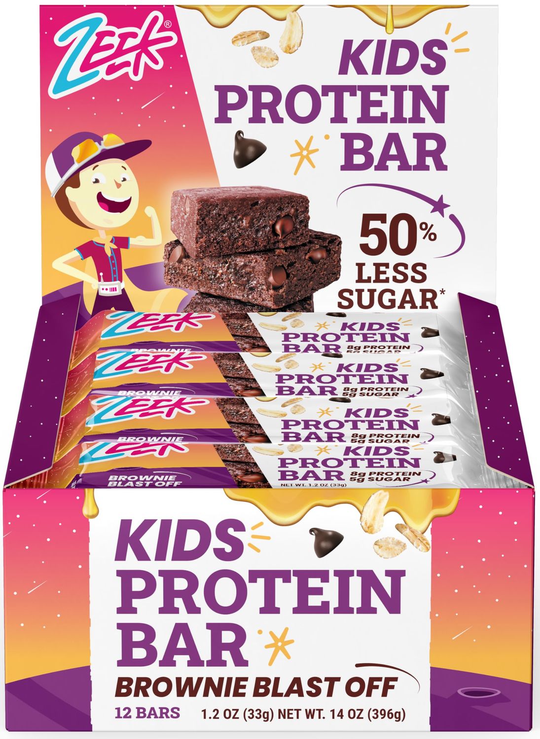 ZEEK BAR - Kids Protein Bars - 50% Less Sugar, 8g Protein - All Natural, Non-GMO, Gluten Free - Brownie Blast Off, 12 Count