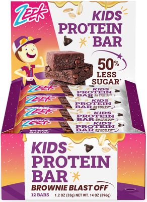 ZEEK BAR - Kids Protein Bars - 50% Less Sugar, 8g Protein - All Natural, Non-GMO, Gluten Free - Brownie Blast Off, 12 Count