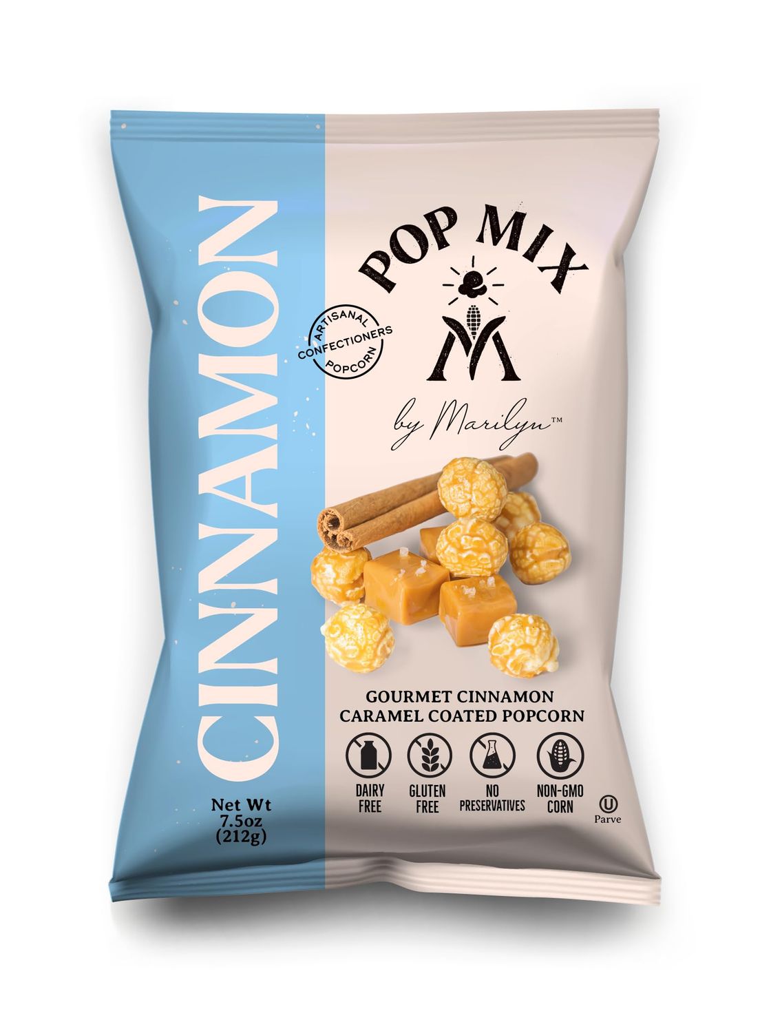 POPMIX By Marilyn - Cinnamon Caramel Coated Popcorn Made With Plant Based Butter - Vegan, Gluten Free Popcorn, Non-GMO, Healthy Popcorn Snacks - No Artificial &amp; No Preservatives- 7.5 oz