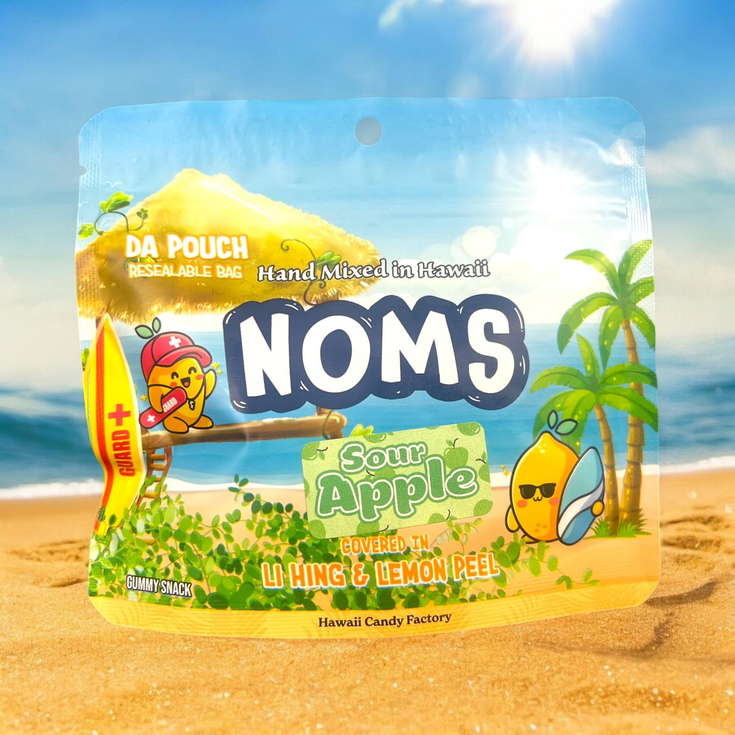 NOMS Sour Apple Gummy Candy - Handcrafted Hawaiian Snack with Li Hing &amp; Lemon Peel - Sweet &amp; Tangy Island Flavor in a Resealable Pouch